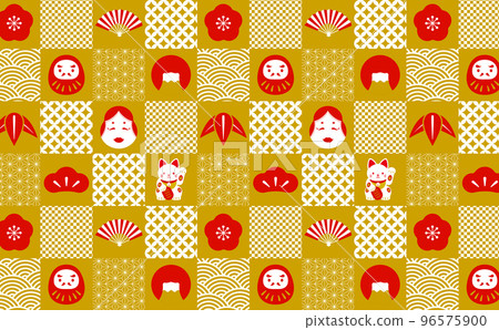 日本的象徵方格無縫圖案背景與日本幸運符_圖案註冊_金色和紅色 96575900