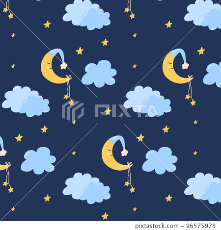 Cute childish seamless pattern with moon, clouds and stars. Pattern for childrens pajamas. Good night. Vector illustration hand drawn cartoon style. Cute childish seamless pattern with moon, clouds and stars. Pattern for childrens pajamas. Good night. Vector illustration hand drawn cartoon style. 96575978