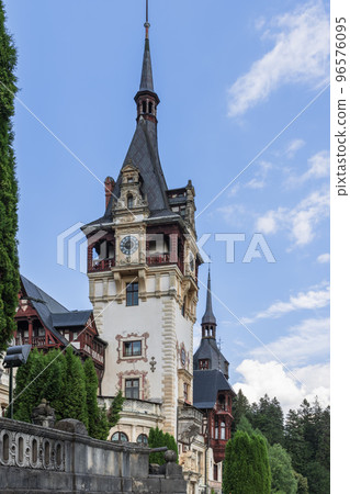 Vertical shot of the towers, designed by Karel Liman between 1893 and 1914, Sinaia, Romania Vertical shot of the towers, designed by Karel Liman between 1893 and 1914, Sinaia, Romania 96576095