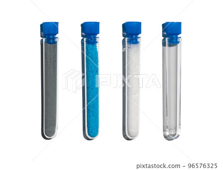 Zinc Powder, Copper(II) sulfate and Sodium Hydroxide Pellets in test tube with plug cap. Cosmetic chemicals ingredient on laboratory table. 96576325