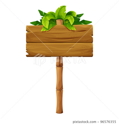 Wooden signboard with bamboo stick ant tropical leaves in cartoon style, empty signpost isolated on white background. Ui game asset, exotic decoration. Wooden signboard with bamboo stick ant tropical leaves in cartoon style, empty signpost isolated on white background. Ui game asset, exotic decoration. 96576355