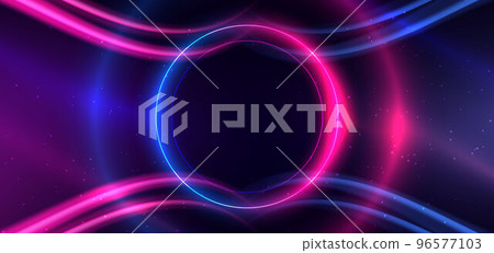Abstract technology futuristic neon circle glowing blue and pink light lines with speed motion blur effect on dark blue background. Abstract technology futuristic neon circle glowing blue and pink light lines with speed motion blur effect on dark blue background. 96577103