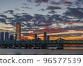 Sunset over Yeouido, Seoul seen from Nodeul Island in the Han River 96577539