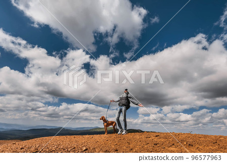Hiker Man with Vizsla Dog at Mountain Top 96577963