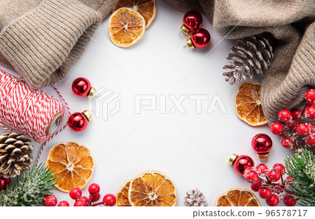 Christmas background with fir tree and decor. Top view with copy space Christmas background with fir tree and decor. Top view with copy space 96578717