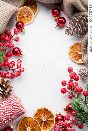 Christmas background with fir tree and decor. Top view with copy space Christmas background with fir tree and decor. Top view with copy space 96578718