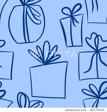 Hand drawn seamless pattern with blue festive gift present box with bow ribbon. Party birthday decor celebration, simple minimalist line elegant holiday surprise fabric print. Hand drawn seamless pattern with blue festive gift present box with bow ribbon. Party birthday decor celebration, simple minimalist line elegant holiday surprise fabric print. 96579304