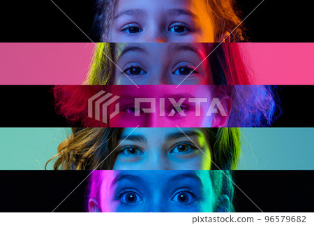 Collage of close-up kids eyes isolated on colored neon backgorund. Multicolored stripes. Concept of happiness, childhood, vision and facial expression Collage of close-up kids eyes isolated on colored neon backgorund. Multicolored stripes. Concept of happiness, childhood, vision and facial expression 96579682