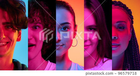 Cropped portraits of young people, men and women expressing different emotions over multicolored background in neon light. Collage made of 5 models looking at camera. Cropped portraits of young people, men and women expressing different emotions over multicolored background in neon light. Collage made of 5 models looking at camera. 96579718