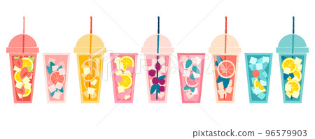 Set drinks in plastic glass with lid. Vector flat texture illustration Set drinks in plastic glass with lid. Vector flat texture illustration 96579903
