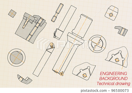 Mechanical engineering drawings on light background. Tap tools, borer, cutting tools, milling cutter. Technical Design. Cover. Blueprint. Vector illustration. 96580073