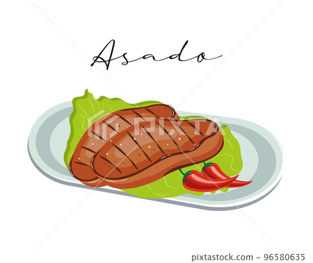 Grilled pieces of meat, steaks. Asado, Latin American cuisine, Argentine national cuisine. Food illustration, vector Grilled pieces of meat, steaks. Asado, Latin American cuisine, Argentine national cuisine. Food illustration, vector 96580635