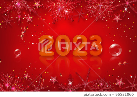 2023 3d realistic numbers, decor and glowing snowflake. Red balloons. Merry Christmas and Happy New Year 2023 greeting card. Sparkling shiny snowflakes with glitter texture. 2023 3d realistic numbers, decor and glowing snowflake. Red balloons. Merry Christmas and Happy New Year 2023 greeting card. Sparkling shiny snowflakes with glitter texture. 96581060