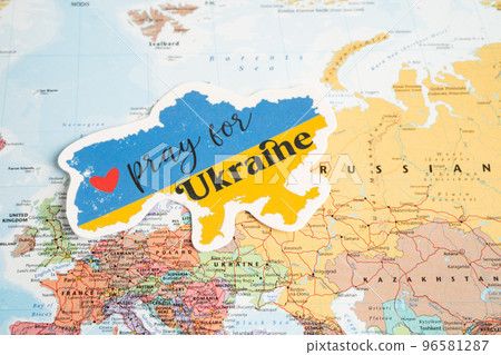 Bangkok, Thailand - September 1, 2022 Pray for Ukraine, flag on world map, stop war with Russia concept. Bangkok, Thailand - September 1, 2022 Pray for Ukraine, flag on world map, stop war with Russia concept. 96581287