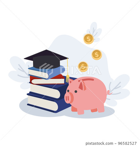 money investment in education Concept. Piggy bank and graduation hat on stack on school textbooks. Flat vector illustration. 96582527
