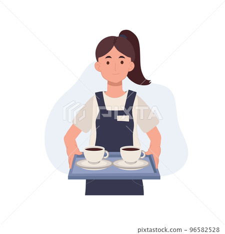 Waitress holding tray with cups of coffeee or tea ,serving concept. flat vector cartoon character illustration. Waitress holding tray with cups of coffeee or tea ,serving concept. flat vector cartoon character illustration. 96582528