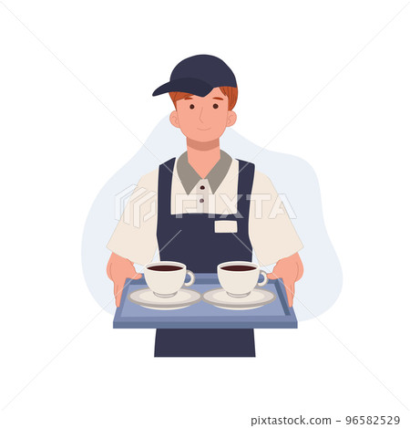 Waiter holding tray with cups of coffeee or tea ,serving concept. flat vector cartoon character illustration. 96582529