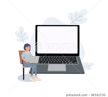 woman Using Laptops. woman with blank screen laptop. Flat vector cartoon character illustration. woman Using Laptops. woman with blank screen laptop. Flat vector cartoon character illustration. 96582530