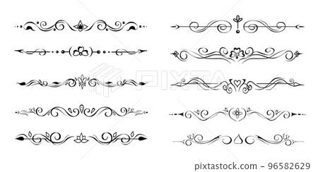 Set of ornate text delimiters, dividers, page bottom decorative borders, vignettes. Hand-drawn romantic elements 96582629