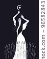 Woman witch in white dress with a sickle in a wheat field in moon light. Dark magic vector illustration.  96582843