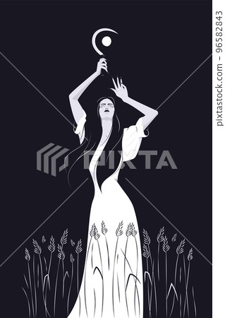 Woman witch in white dress with a sickle in a wheat field in moon light. Dark magic vector illustration. Woman witch in white dress with a sickle in a wheat field in moon light. Dark magic vector illustration. 96582843