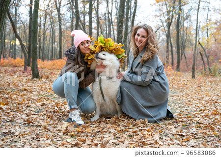 two beautiful smiling girls with  Samoyed dog in the autumn park. redhead and brunette women have fun with fluffy beautiful dog 96583086