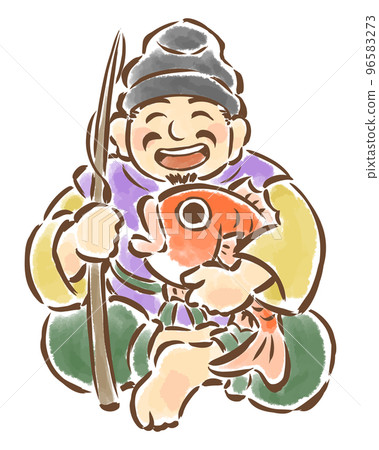 十惠比壽與鯛魚和魚竿盤腿坐著的插圖 96583273