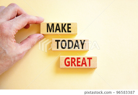 Motivation and Make today great symbol. Concept words Make today great on wooden blocks on a beautiful white table white background. Businessman hand. Business and make today great concept. Copy space Motivation and Make today great symbol. Concept words Make today great on wooden blocks on a beautiful white table white background. Businessman hand. Business and make today great concept. Copy space 96583387