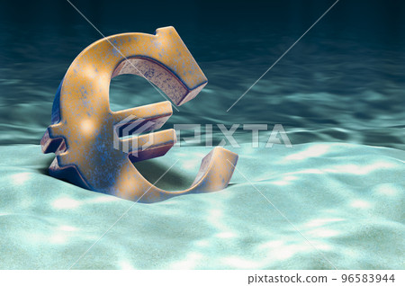 Euro symbol on ocean bottom underwater, 3D rendering Euro symbol on ocean bottom underwater, 3D rendering 96583944