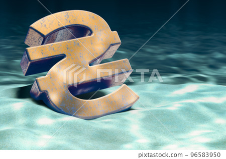 Hryvnia symbol on ocean bottom underwater, 3D rendering Hryvnia symbol on ocean bottom underwater, 3D rendering 96583950