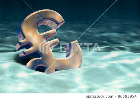 Pound sterling symbol on ocean bottom underwater, 3D rendering 96583954