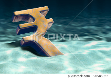 Rupee symbol on ocean bottom underwater, 3D rendering Rupee symbol on ocean bottom underwater, 3D rendering 96583956
