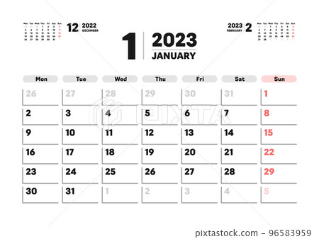 Calendar for January 2023 - Monthly calendar starting on Monday - 3 months, no holidays, A version ratio 96583959