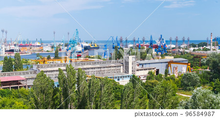 Port cranes and industrial buildings, summer view of Varna harbor 96584987