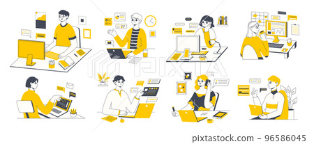 Freelance creative workers, distant freelancers during workflow. Remote office workers, freelancer work with computer vector symbols illustrations set. Freelance busy employee Freelance creative workers, distant freelancers during workflow. Remote office workers, freelancer work with computer vector symbols illustrations set. Freelance busy employee 96586045