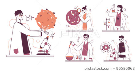 Chemists doing scientific experiment, medical or science laboratory workers. Scientists lab experiment and researching work vector illustration set. Medical researchers collection 96586068