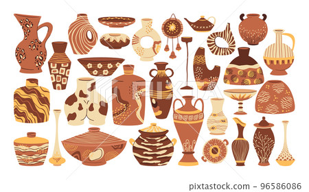 Decorative pottery, clay ceramic crockery, vases and dishes. Ceramic tableware, doodle pottery items vector symbols illustrations set. Hand drawn ceramic collection Decorative pottery, clay ceramic crockery, vases and dishes. Ceramic tableware, doodle pottery items vector symbols illustrations set. Hand drawn ceramic collection 96586086