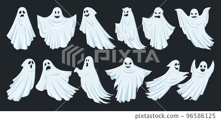 Cartoon night ghosts, mysterious spirit, shadow, and ghostly monsters. Halloween spooky mysterious flying ghost characters vector symbols illustrations set. Scary phantom shadows 96586125