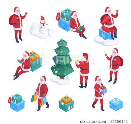 Santa Claus characters, Christmas mascots preparing gifts boxes and decorating xmas tree. Santa Claus xmas holidays celebration 3d vector illustrations set. Christmas holiday characters 96586141