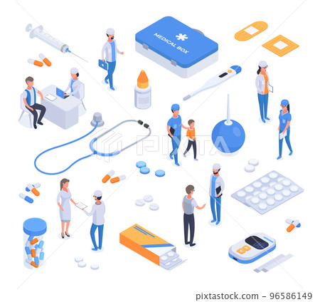 Isometric medical elements and health care workers, hospital doctor characters. Medical staff, patients and health supplies vector illustration set. Health care medical collection 96586149