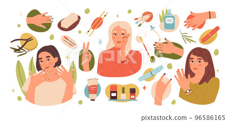 Manicure accessories and cosmetics, cuticle, nails care beauty routine. Women applying manicure, polished fingernails and manicure tools vector illustration set. Cartoon manicure collection Manicure accessories and cosmetics, cuticle, nails care beauty routine. Women applying manicure, polished fingernails and manicure tools vector illustration set. Cartoon manicure collection 96586165