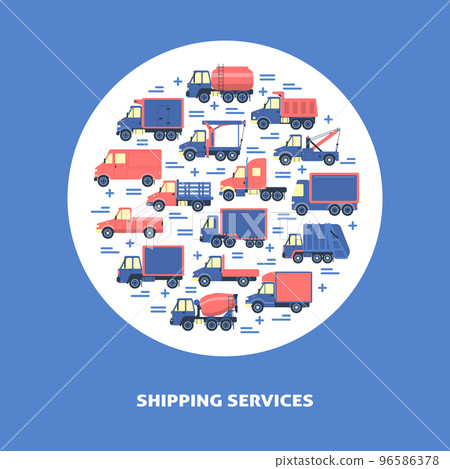 Shipping services round concept with different types of trucks in flat style. Shipping services round concept with different types of trucks in flat style. 96586378