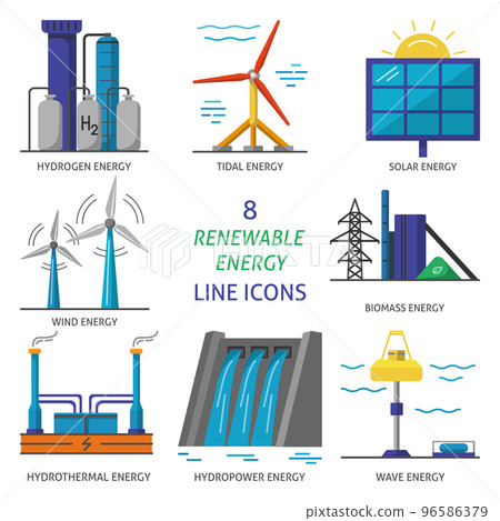 Set of renewable energy flat style icons 96586379