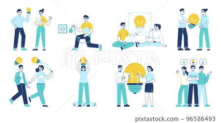 People searching good ideas, creative business solutions concept. Light bulbs brilliant ideas metaphor vector symbols illustration set. Great idea generating 96586493