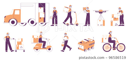 Delivery service workers, courier, postman carrying package. Cargo shipping, couriers characters on truck or bike vector symbols illustrations set. Outline delivery workers 96586519