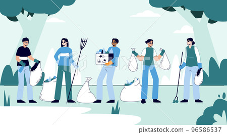 Flat characters cleaning garbage in park and collecting trash outdoor. People cleaning and taking care of environment flat vector symbols illustrations set. Waste collectors collection Flat characters cleaning garbage in park and collecting trash outdoor. People cleaning and taking care of environment flat vector symbols illustrations set. Waste collectors collection 96586537