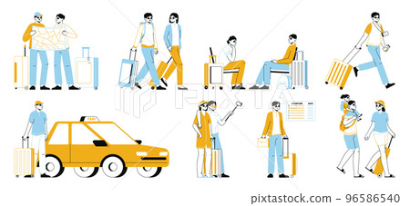 Travelling outline people, vacation or business tourists with luggage. Tourist characters sightseeing, walk with suitcases and taking picture flat vector illustrations set. Travellers collection Travelling outline people, vacation or business tourists with luggage. Tourist characters sightseeing, walk with suitcases and taking picture flat vector illustrations set. Travellers collection 96586540