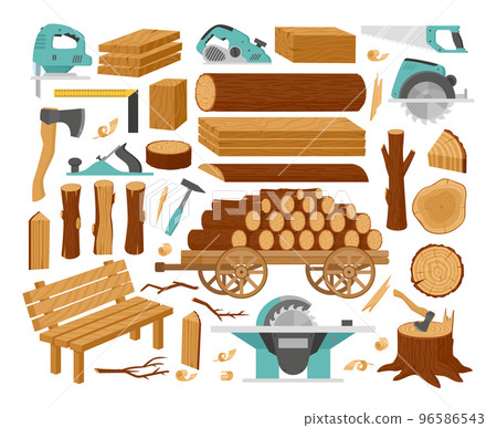 Cartoon wood industry products, timber materials, woodwork planks. Stacked wooden trunks, sticks branches and woodworking tools vector illustration set. Wooden production bundle 96586543