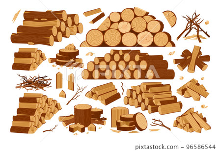 Cartoon wooden logs, firewood piles and stacked bonfire firewoods. Wood industry materials, lumber branch and twigs vector symbols illustration set. Wooden bonfire logs 96586544