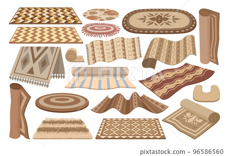 Cartoon wool carpets and rugs for living room or bath interior. Cozy floor covering decorative elements, modern woven carpets vector symbols illustration set. Wool rugs collection Cartoon wool carpets and rugs for living room or bath interior. Cozy floor covering decorative elements, modern woven carpets vector symbols illustration set. Wool rugs collection 96586560
